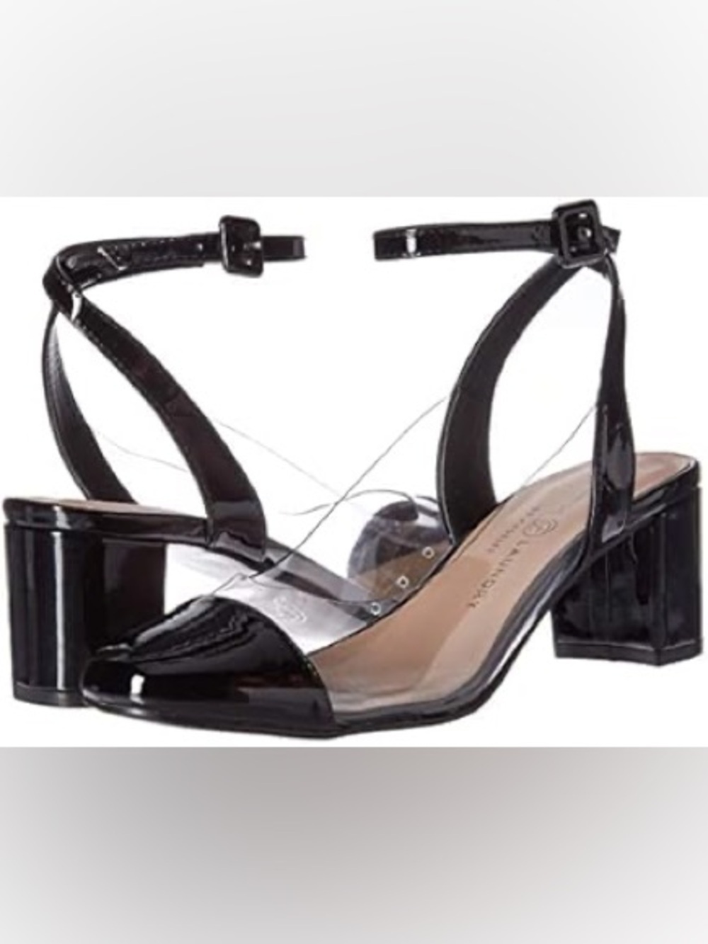 Chinese Laundry Black Patent Ankle-Strap Block Heels with Clear Panels